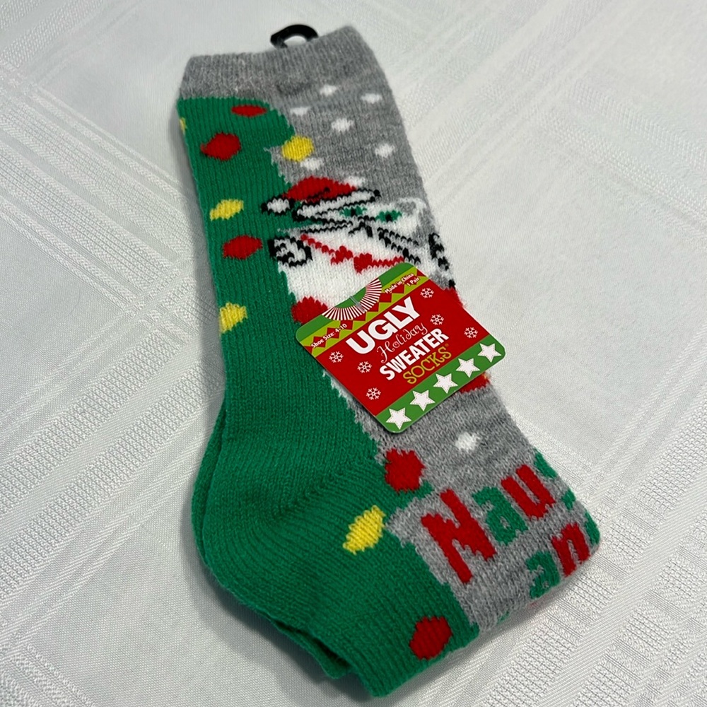 Ugly Holiday Sweater Socks Naughty and I know it. Cat in Santa Hat